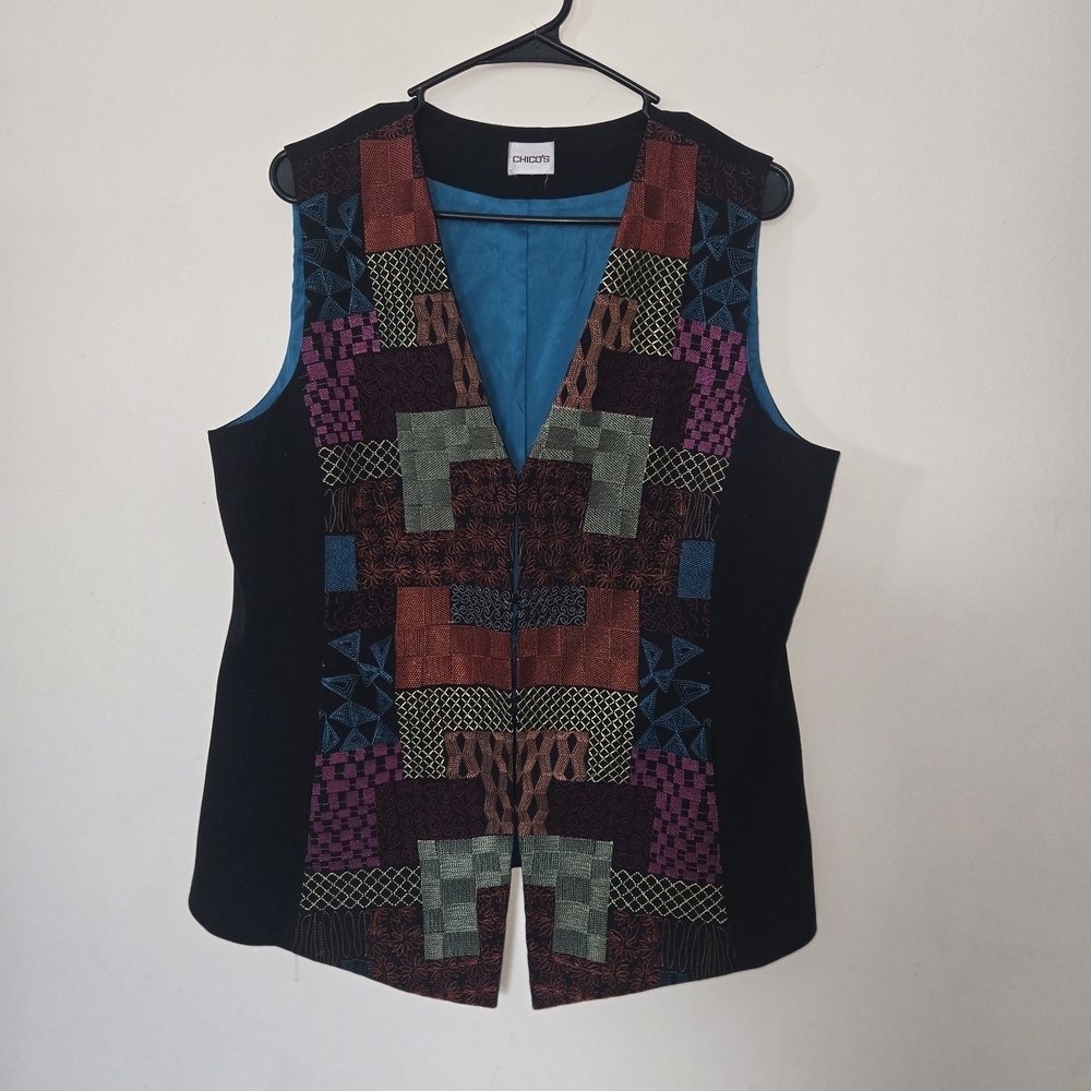 Chico's Multicolor Patchwork Vest 1x Quirky Vibrant Statement Artsy Lined Lagen